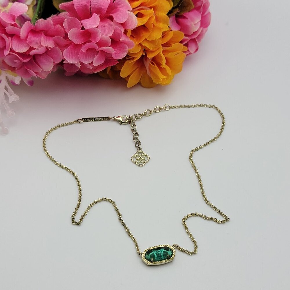 Kendra Scott Elisa Green Crystal Necklace 17 Inch Adj. Gold Tone